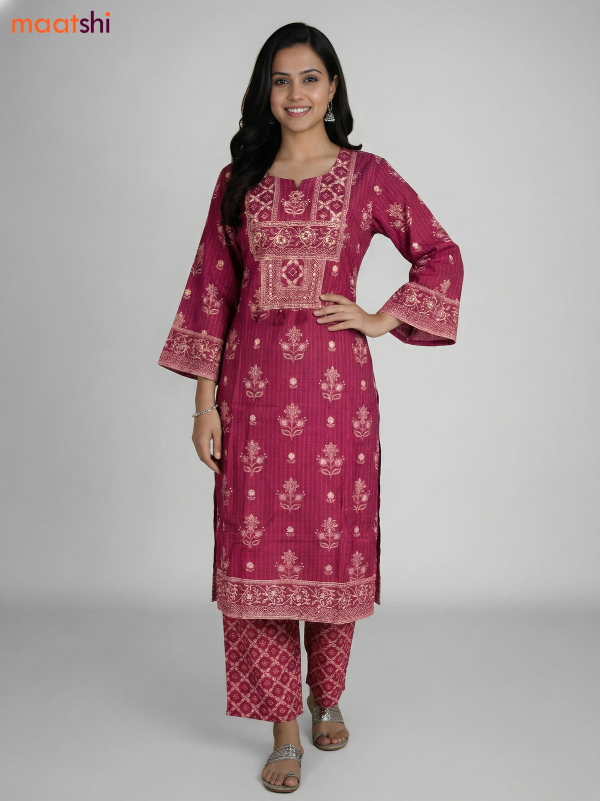 Magenta Pink Cotton Printed Straight Suit
