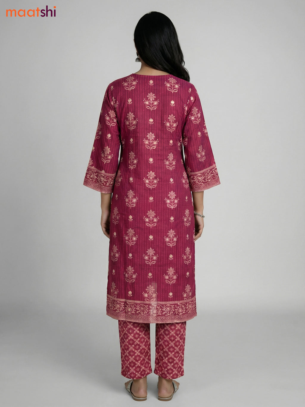 Magenta Pink Cotton Printed Straight Suit