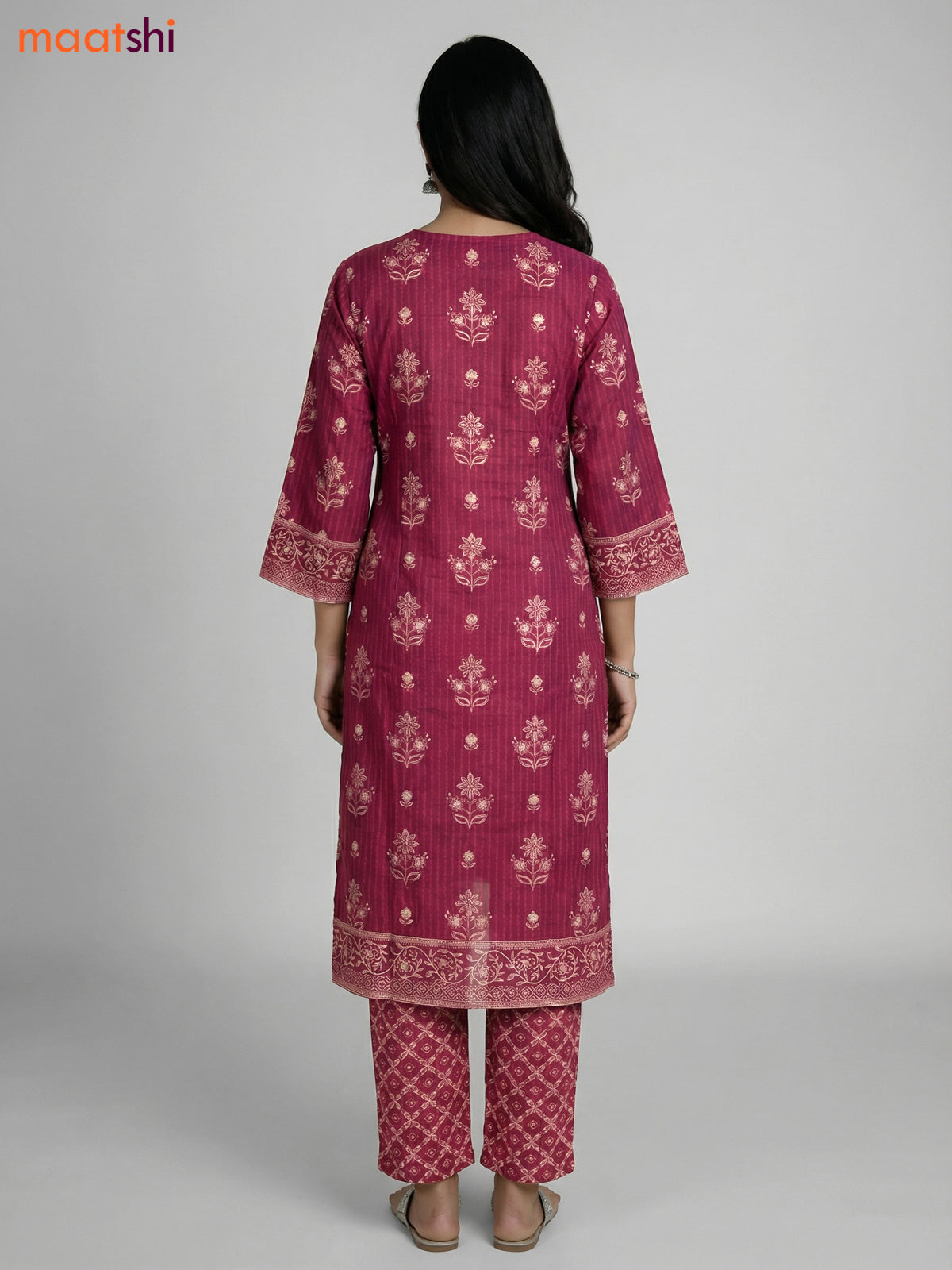 Magenta Pink Cotton Printed Straight Suit