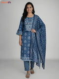 Blue Cotton Printed Straight Suit