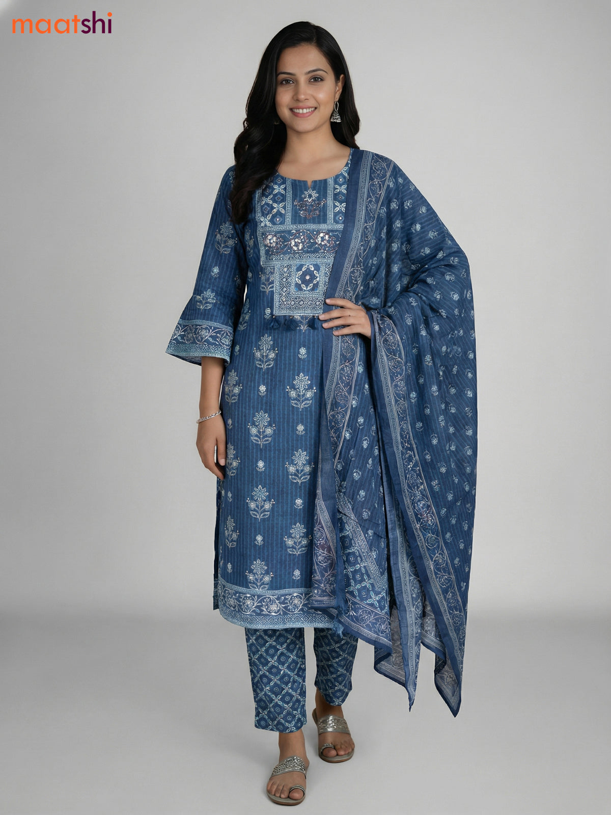 Blue Cotton Printed Straight Suit