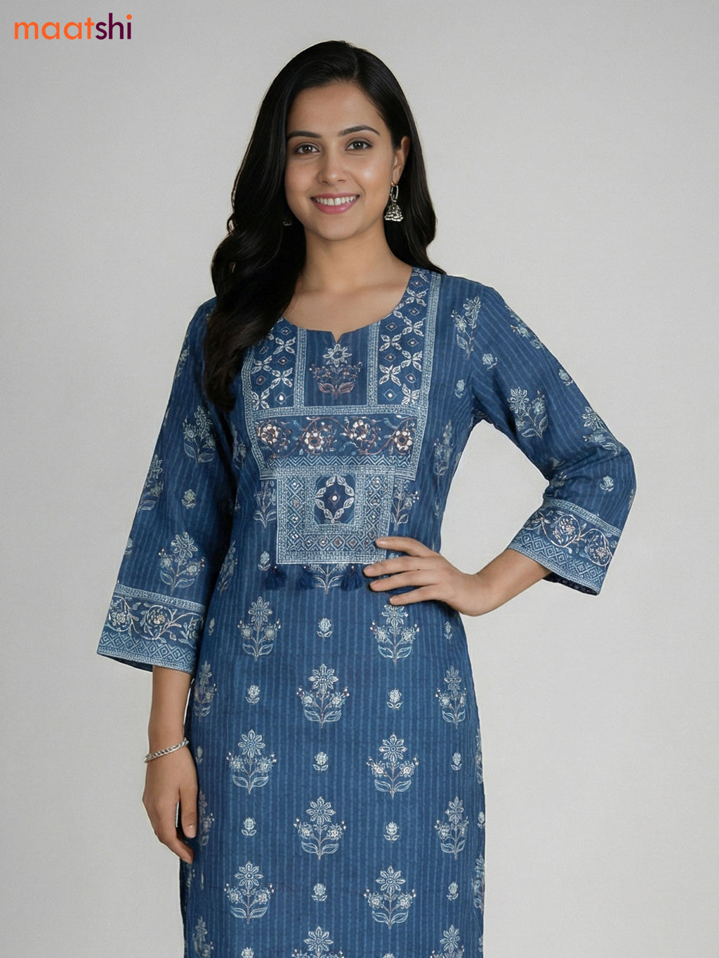 Blue Cotton Printed Straight Suit