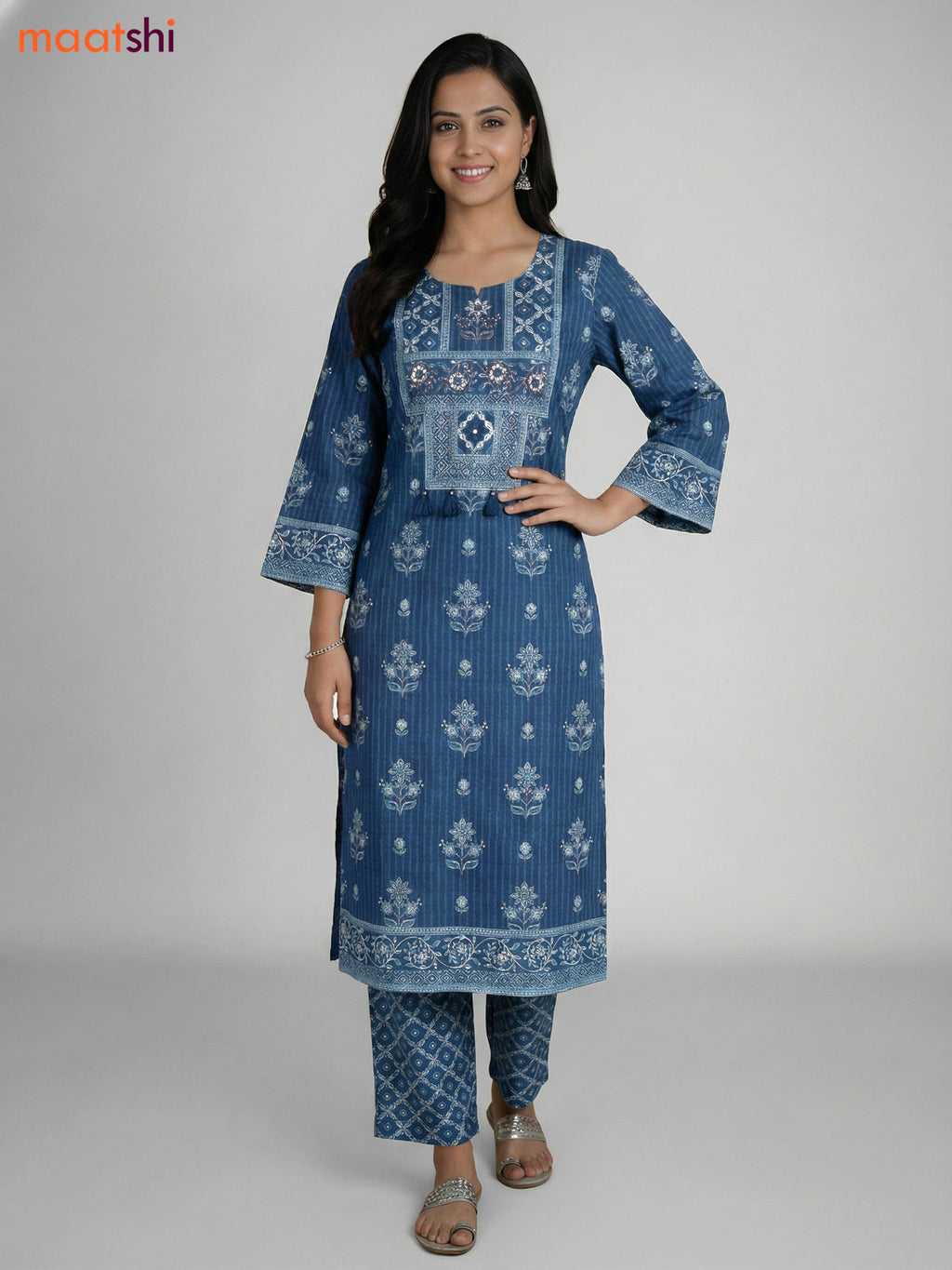 Blue Cotton Printed Straight Suit