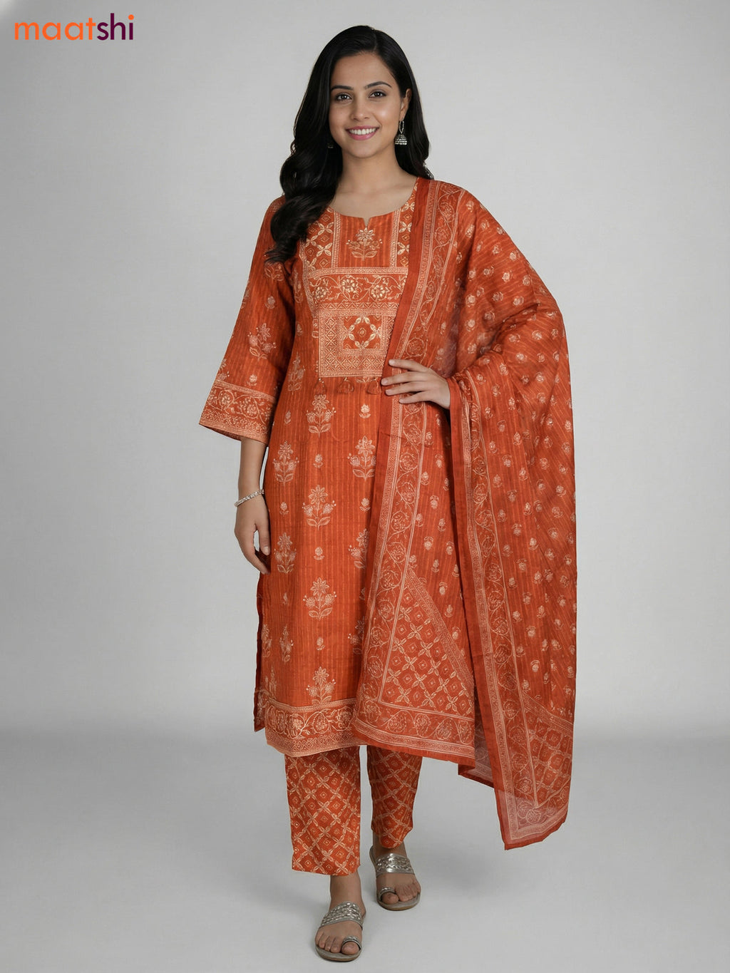 Rustic Orange Cotton Printed Straight Suit