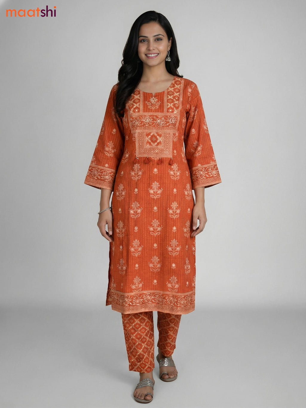 Rustic Orange Cotton Printed Straight Suit