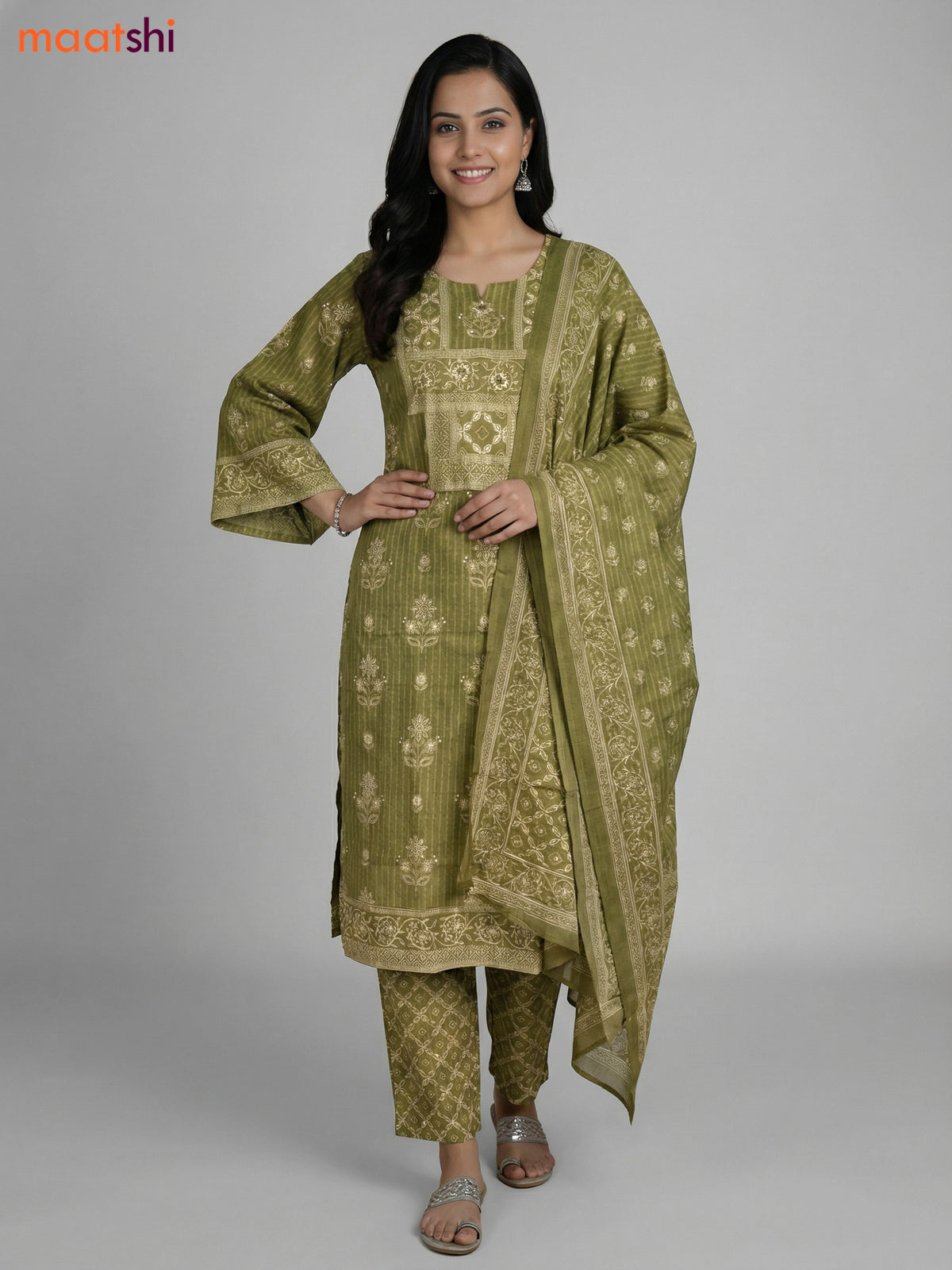 Green Shade Cotton Printed Straight Suit