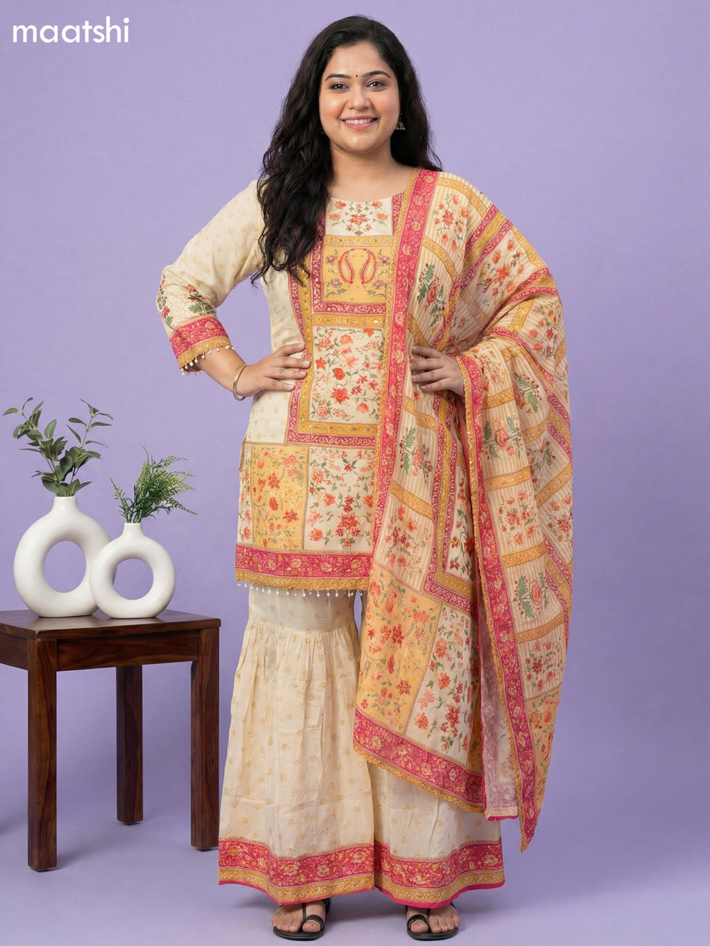 Cream and Pink Crepe Silk Floral Printed Short Straight Suit