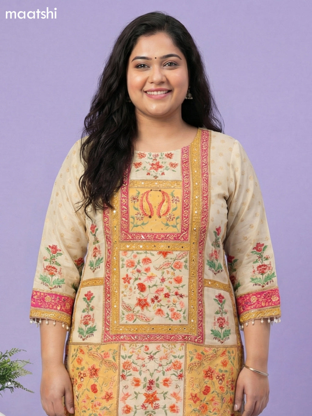 Cream and Pink Crepe Silk Floral Printed Short Straight Suit