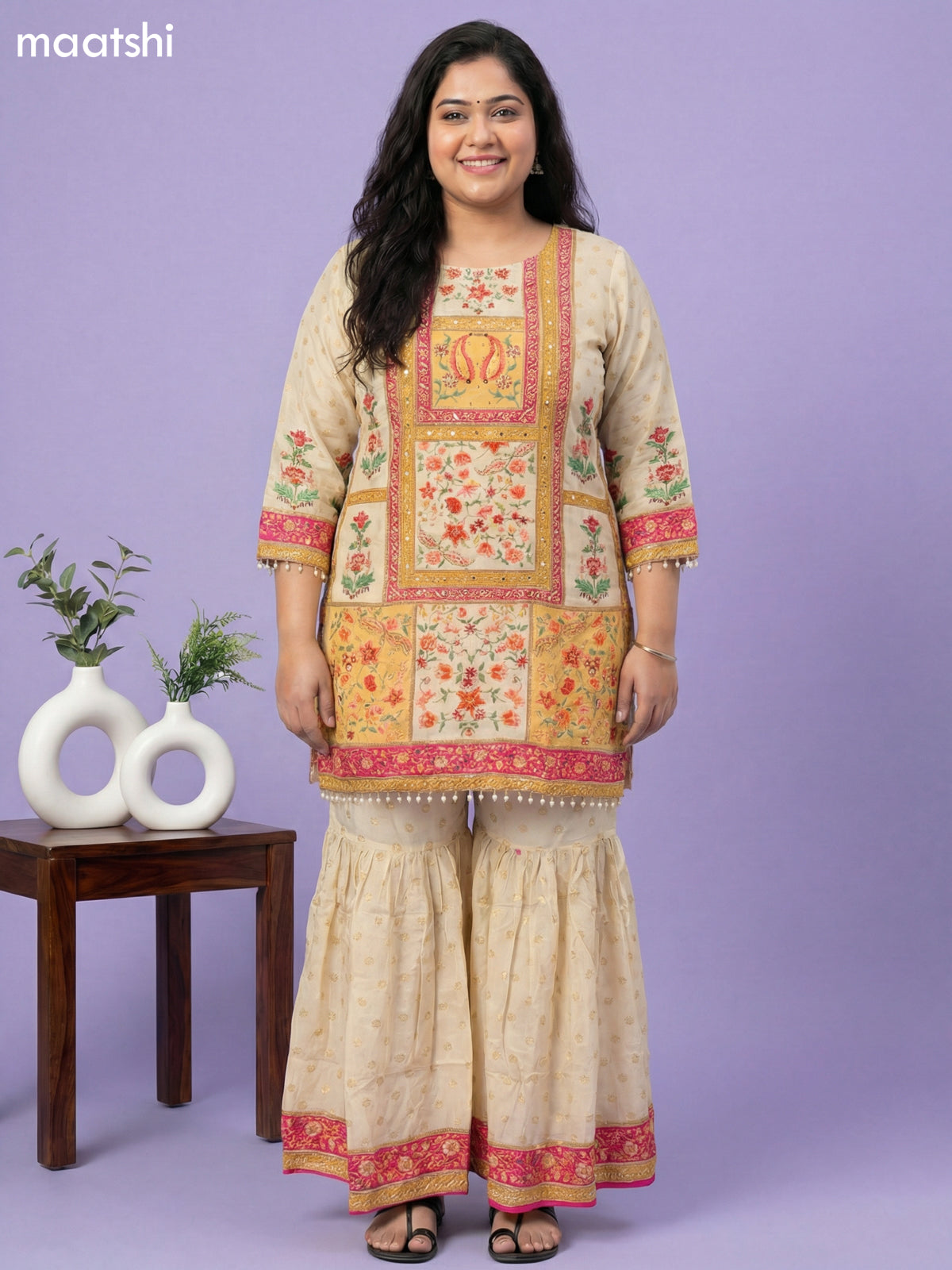 Cream and Pink Crepe Silk Floral Printed Short Straight Suit