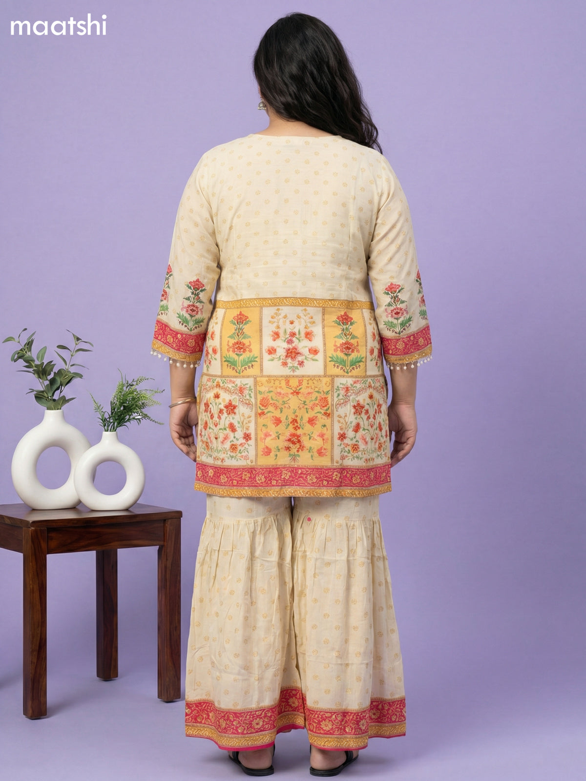 Cream and Pink Crepe Silk Floral Printed Short Straight Suit