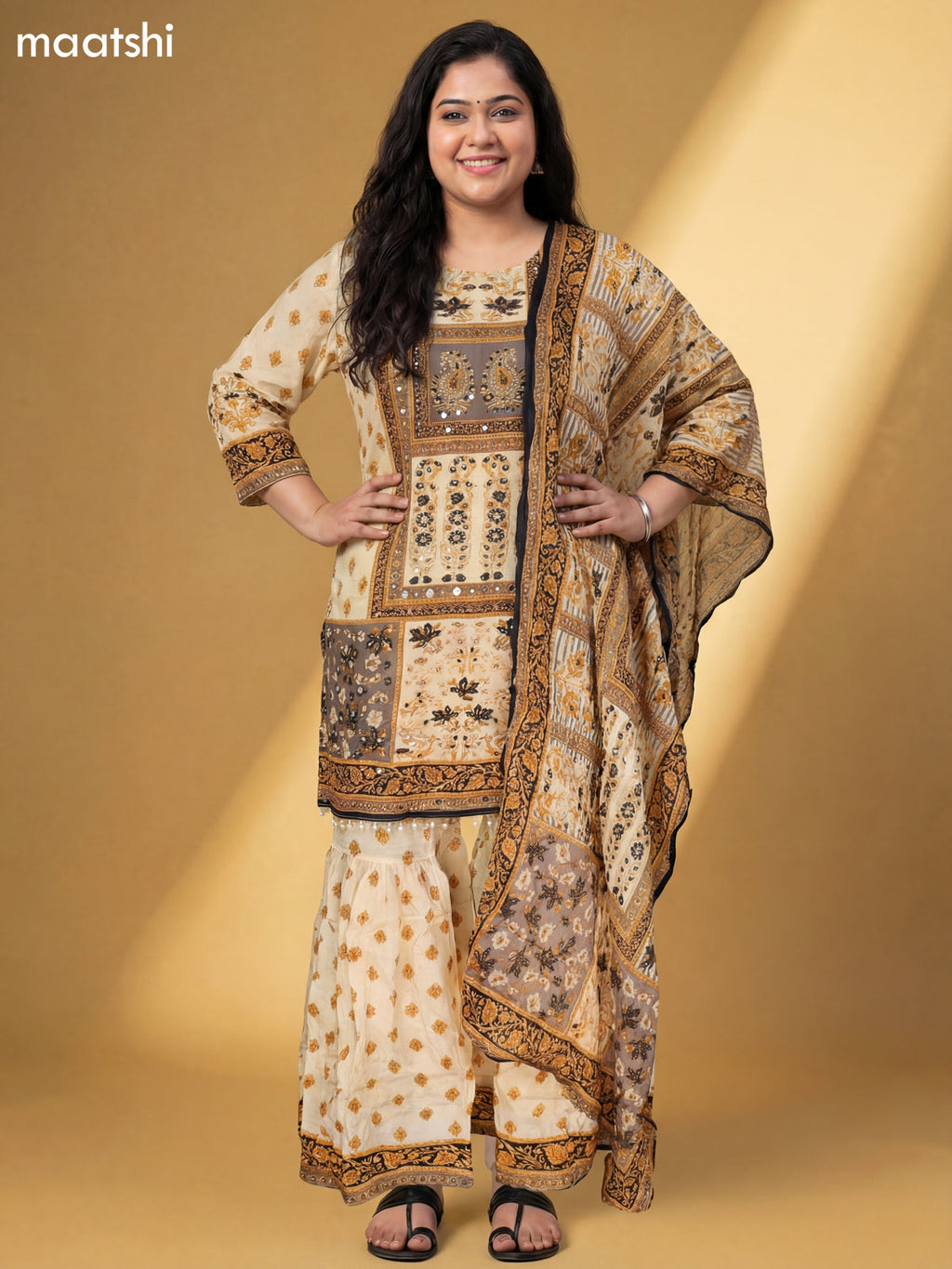 Cream and Black Crepe Silk Floral Printed Short Straight Suit