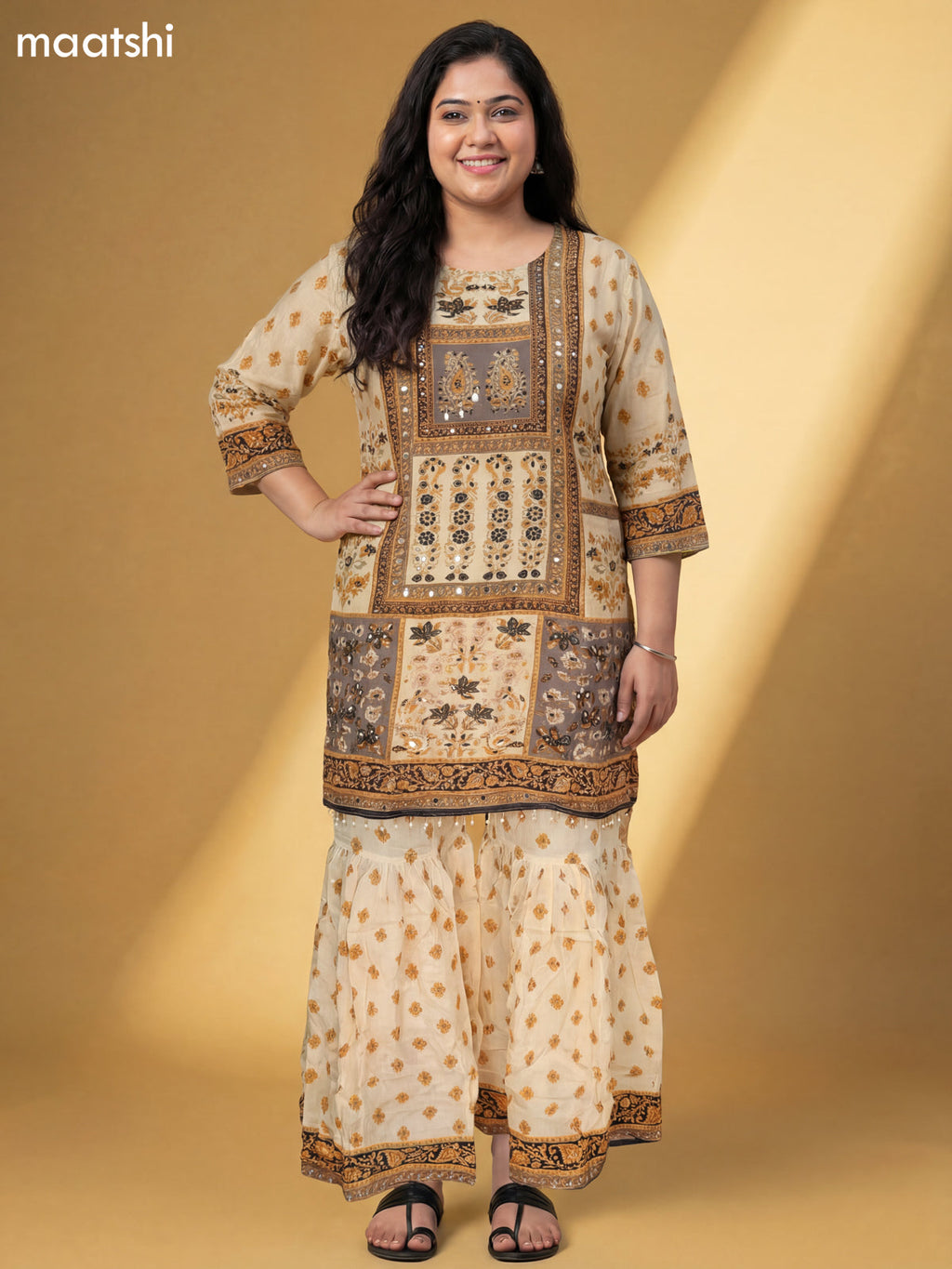 Cream and Black Crepe Silk Floral Printed Short Straight Suit
