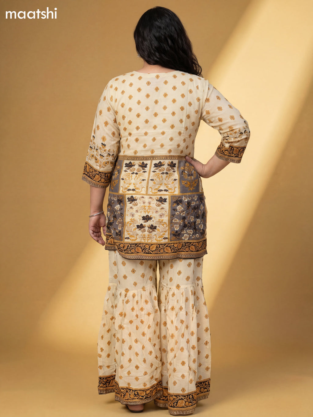 Cream and Black Crepe Silk Floral Printed Short Straight Suit