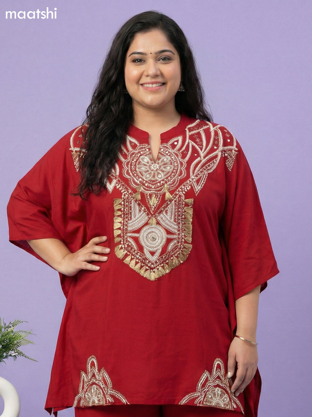 Kumkum Red Cotton Embroidery Work Kaftan Dress