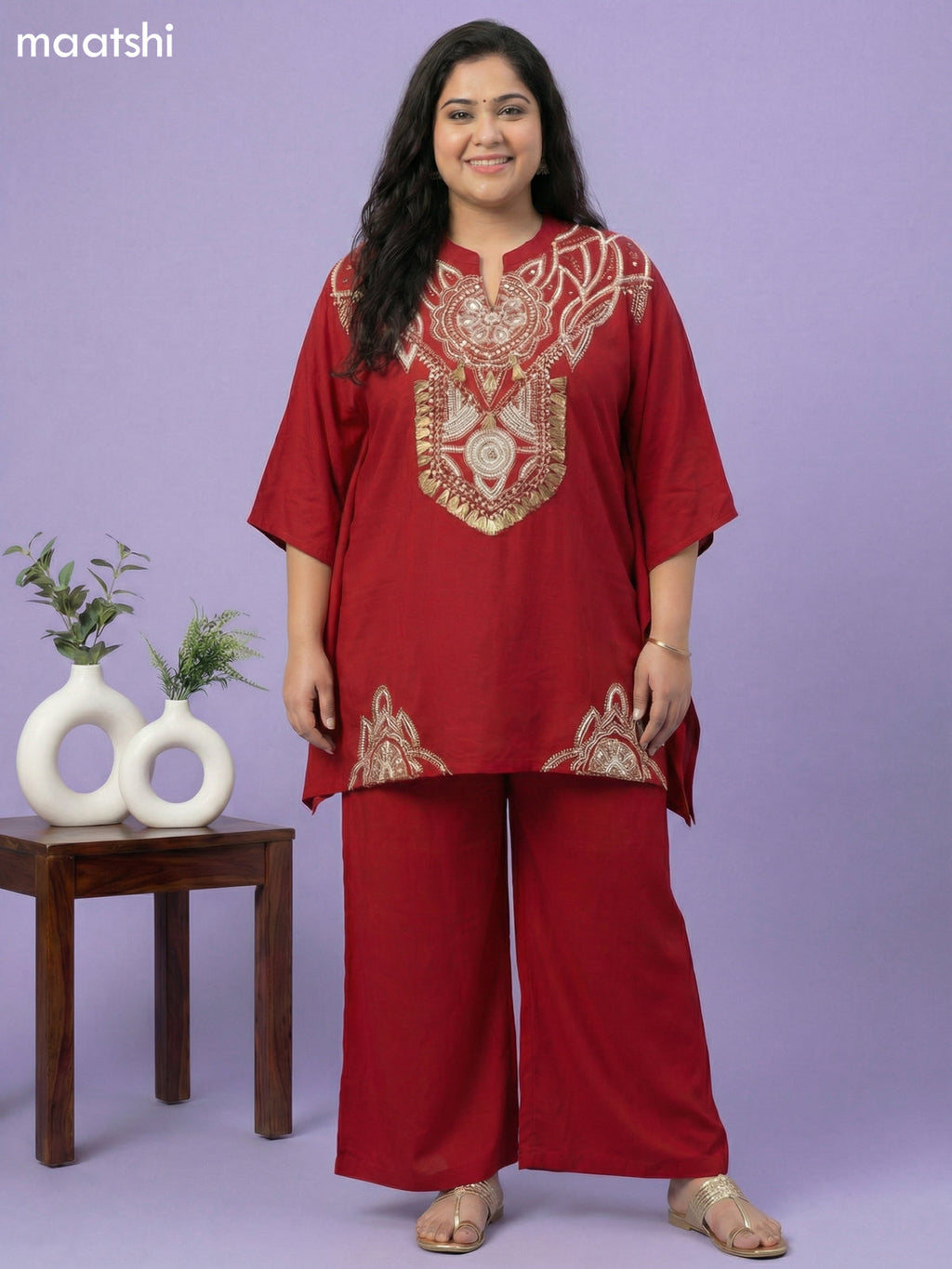 Kumkum Red Cotton Embroidery Work Kaftan Dress