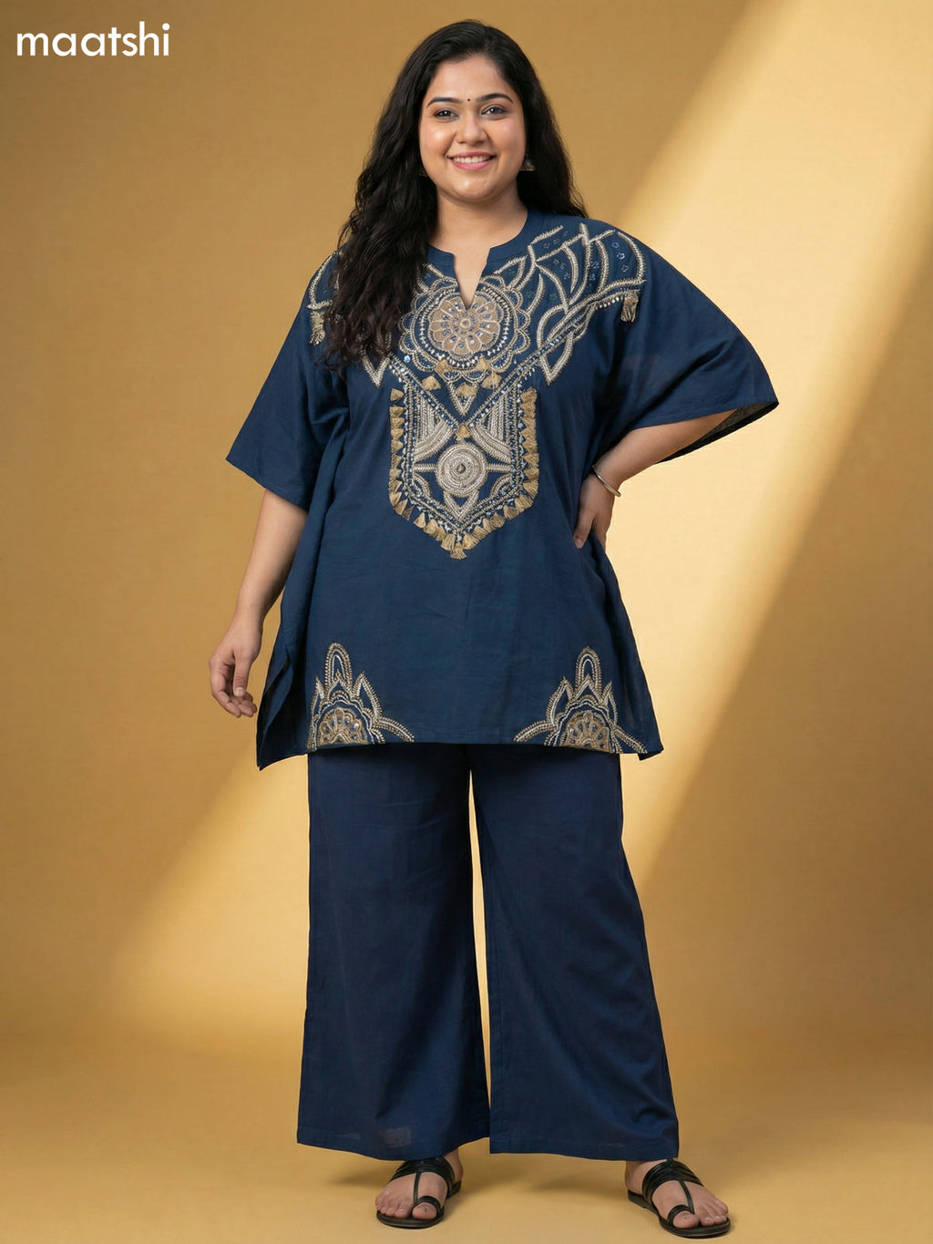Peacock Green Cotton Embroidery Work Kaftan Dress