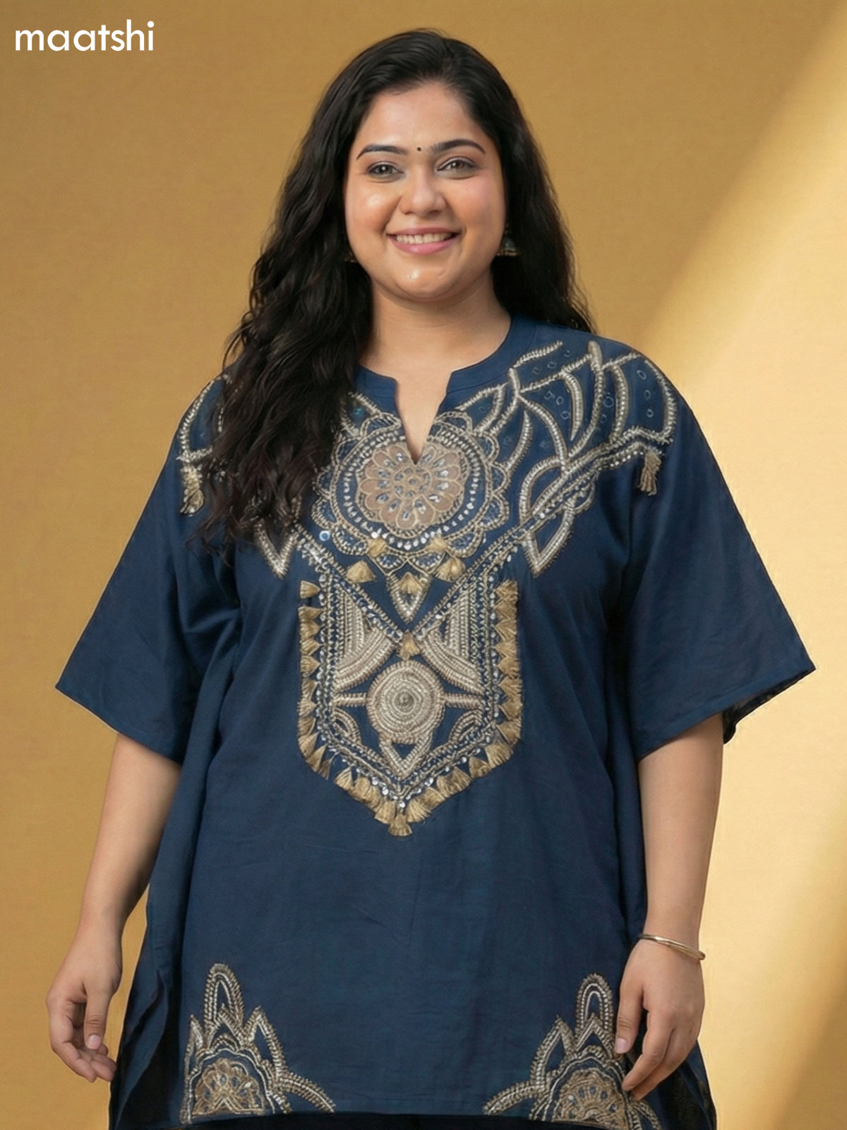 Peacock Green Cotton Embroidery Work Kaftan Dress