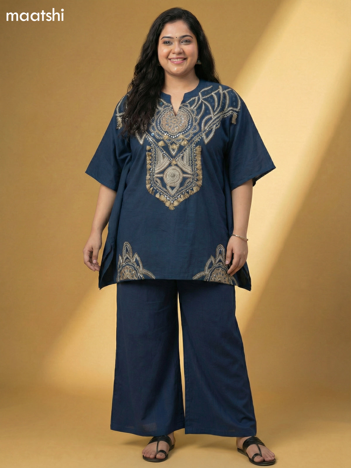 Peacock Green Cotton Embroidery Work Kaftan Dress