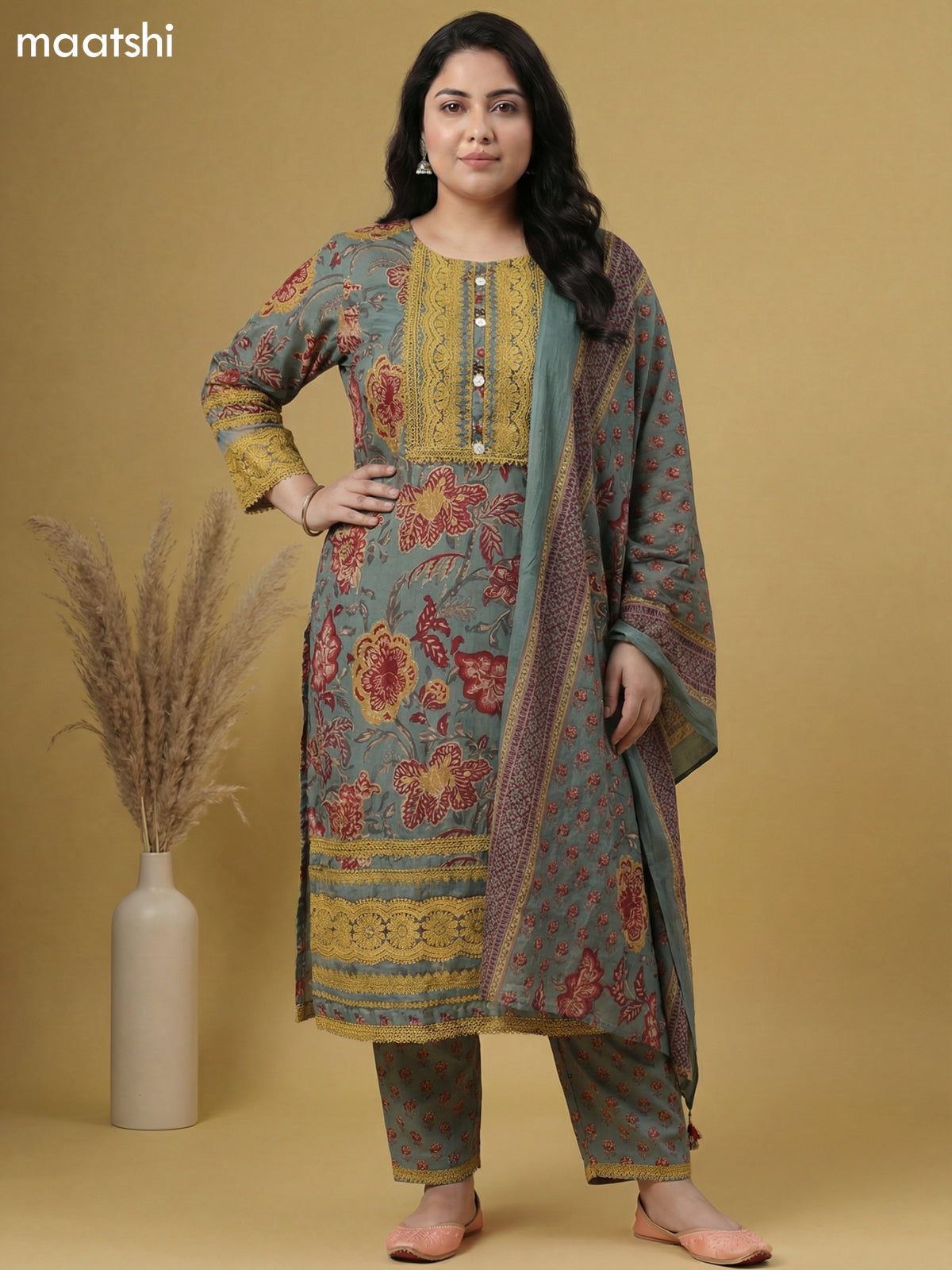 Pastel Green Cotton Floral Printed & Lace Work Straight Suit