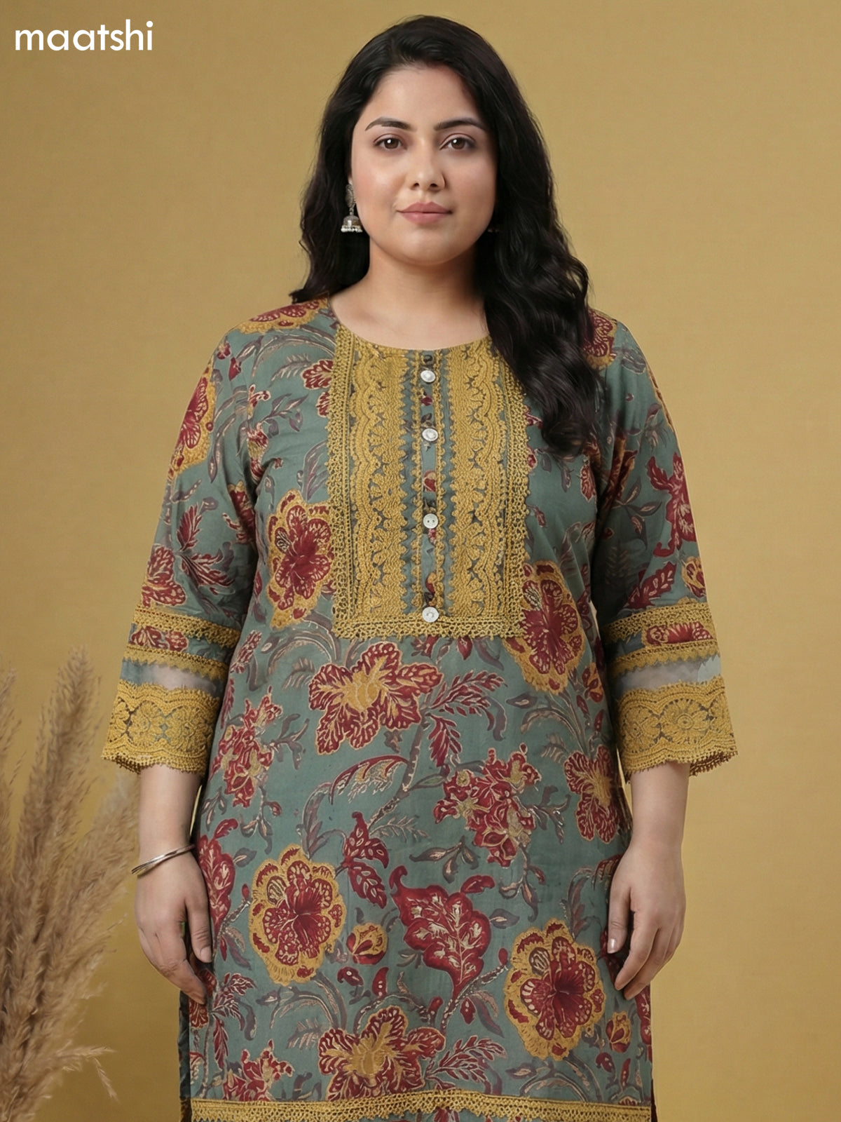 Pastel Green Cotton Floral Printed & Lace Work Straight Suit