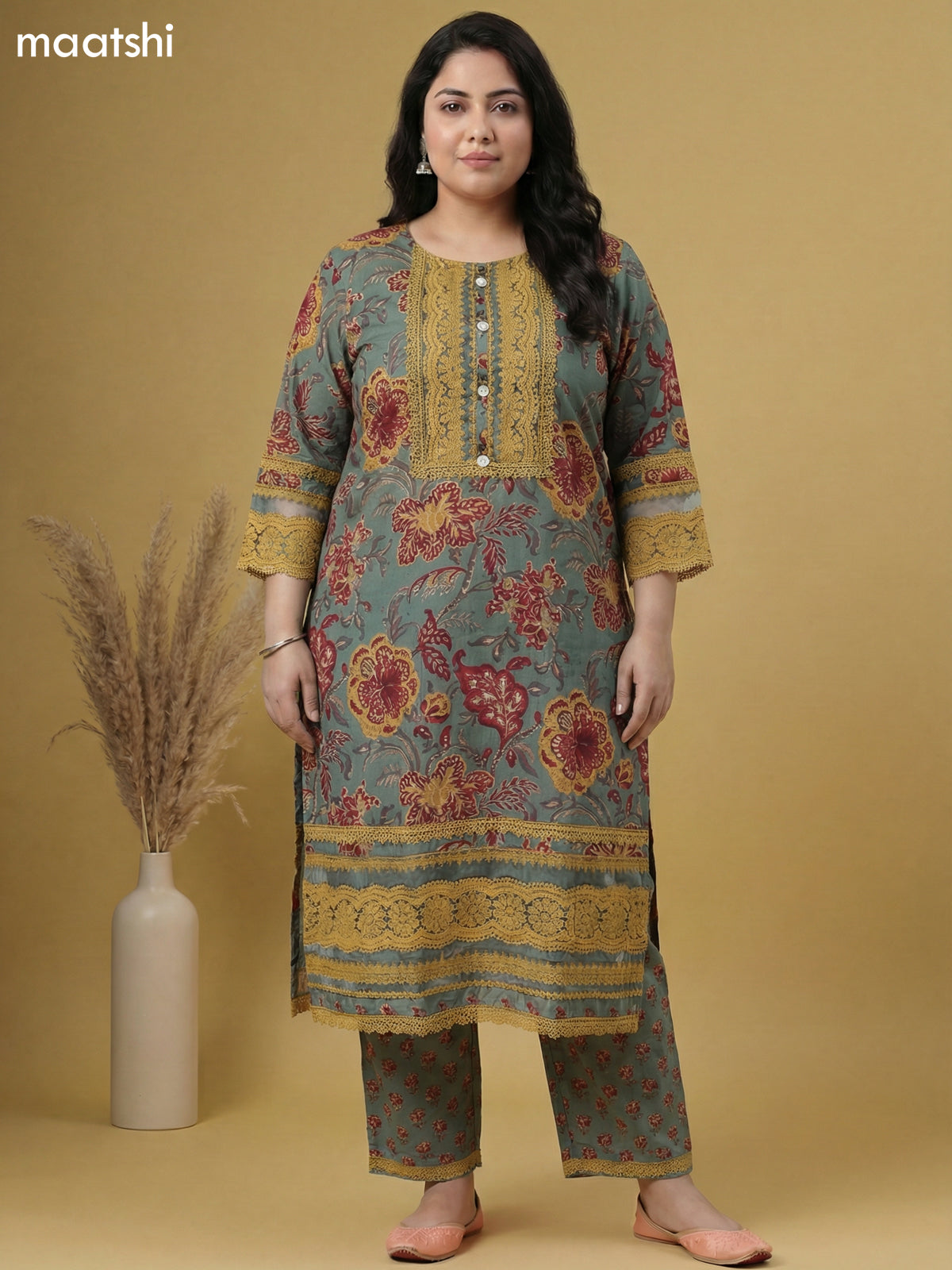 Pastel Green Cotton Floral Printed & Lace Work Straight Suit