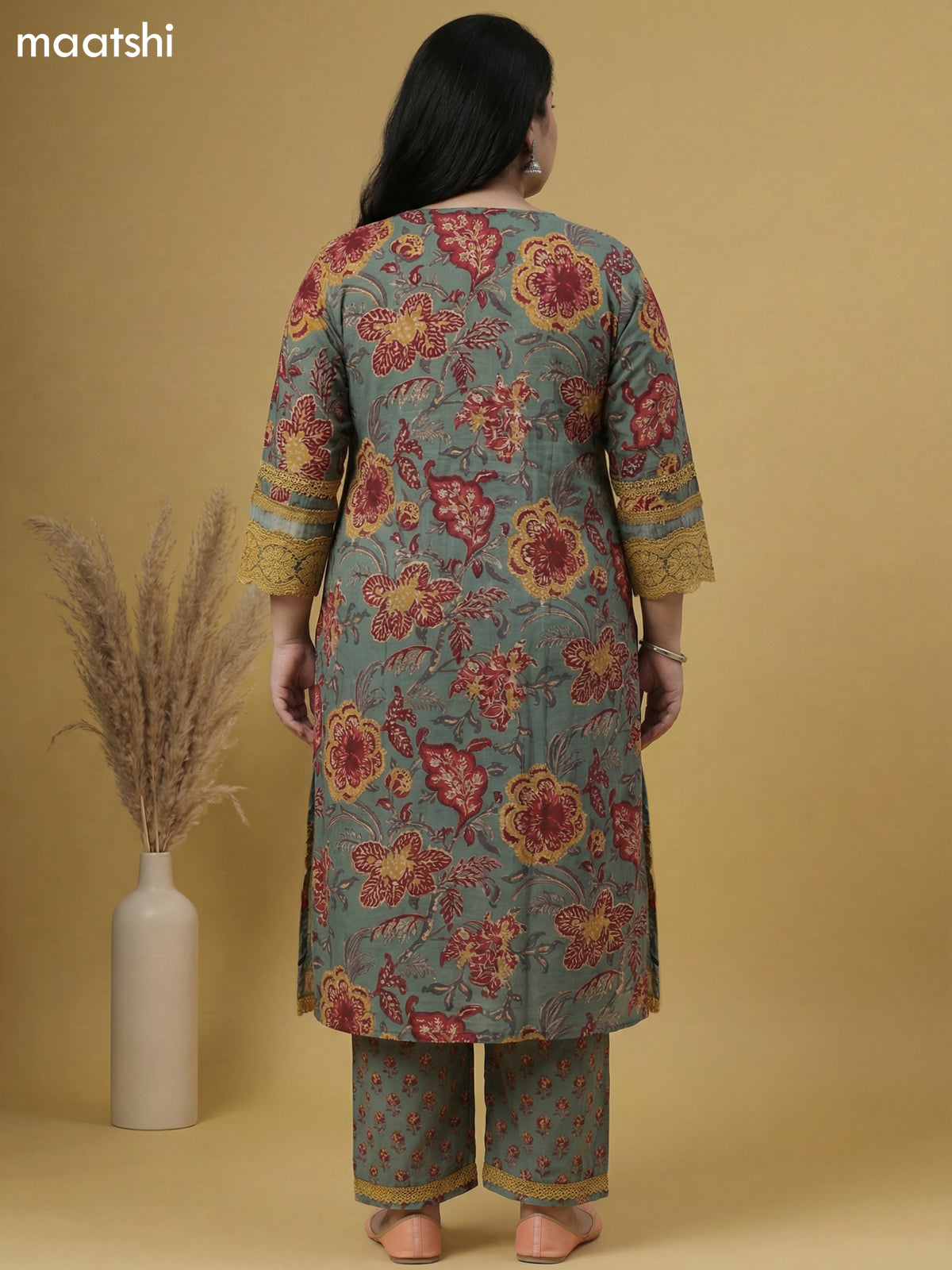 Pastel Green Cotton Floral Printed & Lace Work Straight Suit