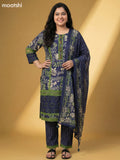 Navy Blue Cotton Floral Printed & Lace Work Straight Suit