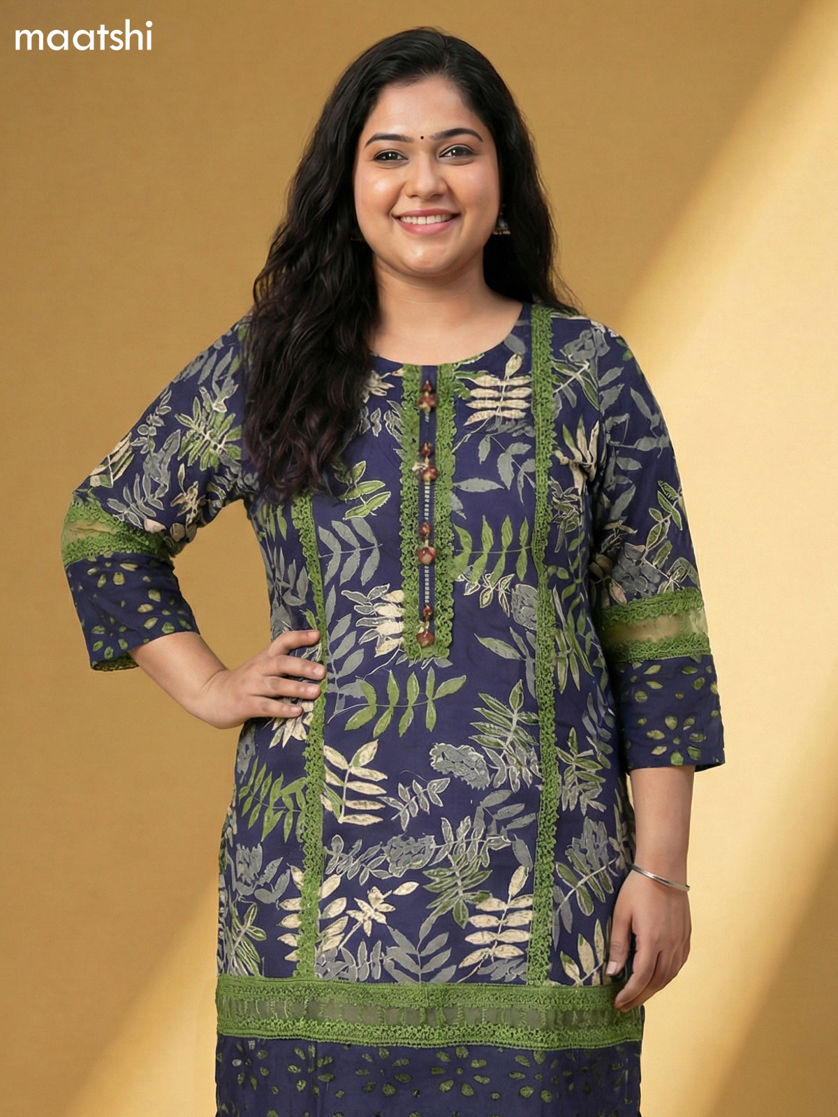 Navy Blue Cotton Floral Printed & Lace Work Straight Suit