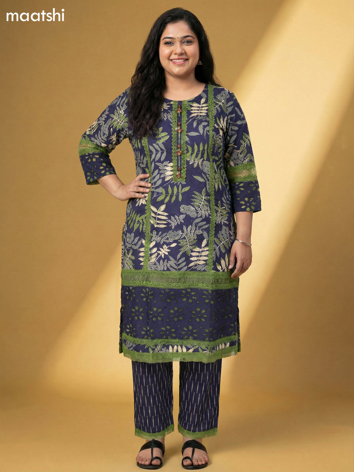 Navy Blue Cotton Floral Printed & Lace Work Straight Suit