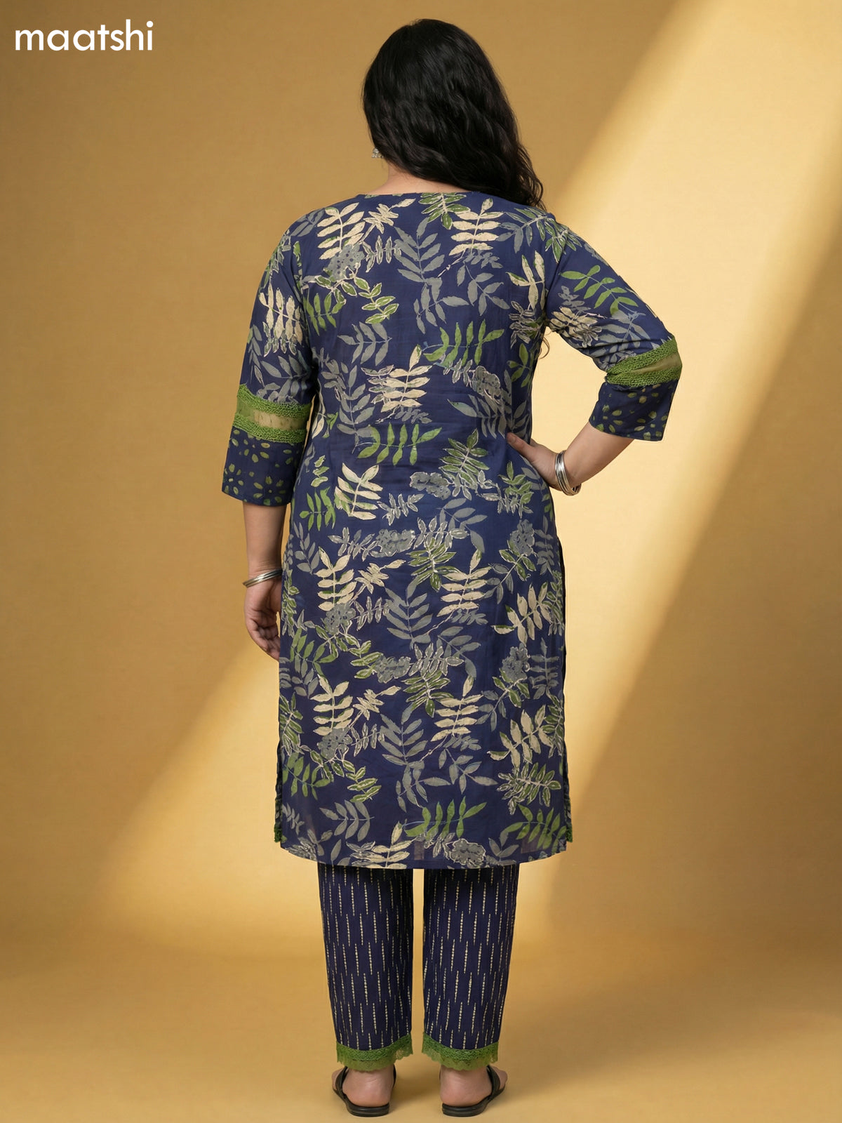 Navy Blue Cotton Floral Printed & Lace Work Straight Suit