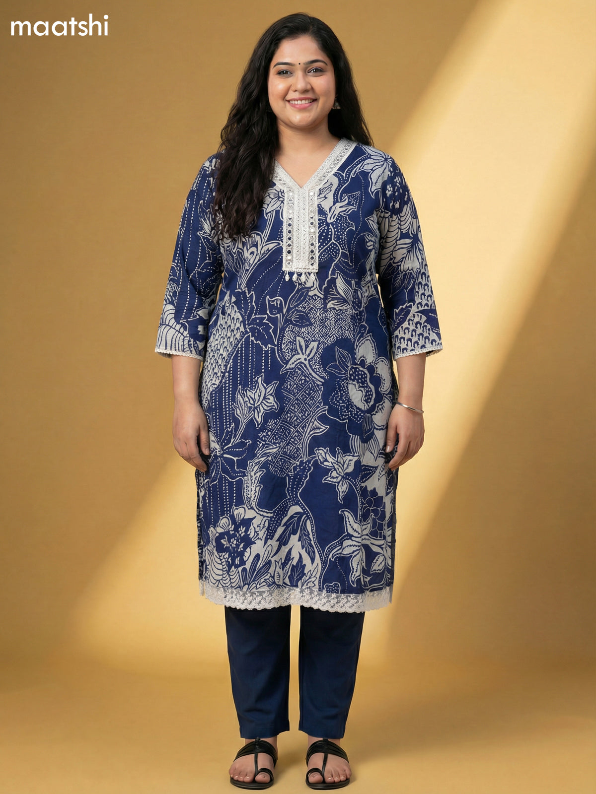 Navy Blue and Off White Chinnon Silk Printed & Mirror Work Pattern Straight Suit