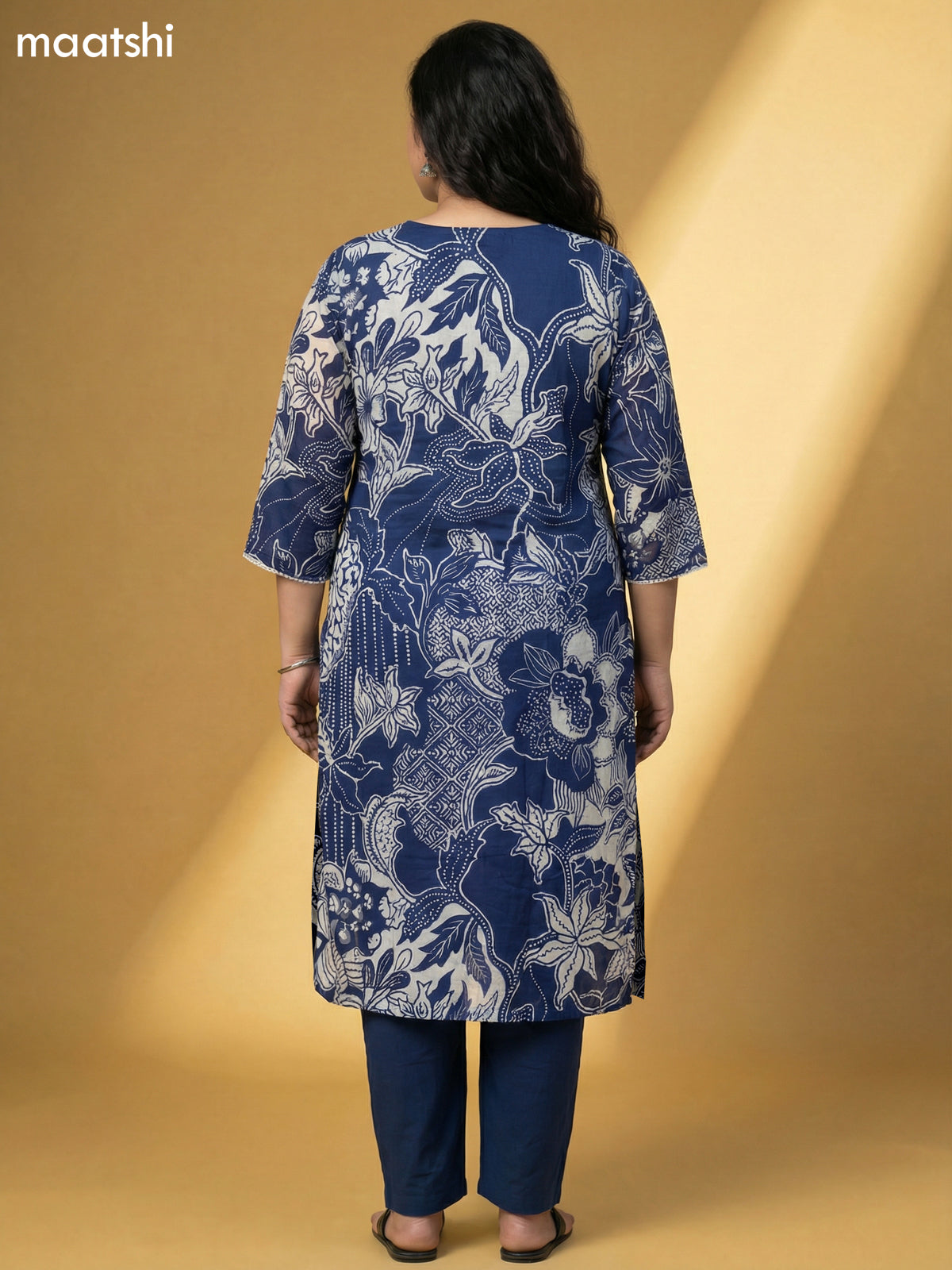 Navy Blue and Off White Chinnon Silk Printed & Mirror Work Pattern Straight Suit