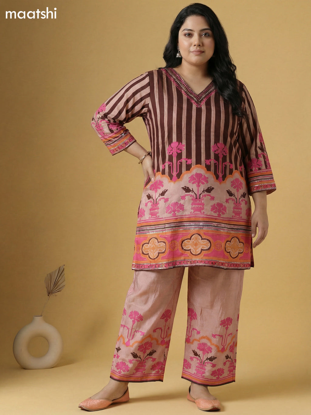 Pastel Brown and Brown Muslin Printed & Embroidery Work Kurti Set