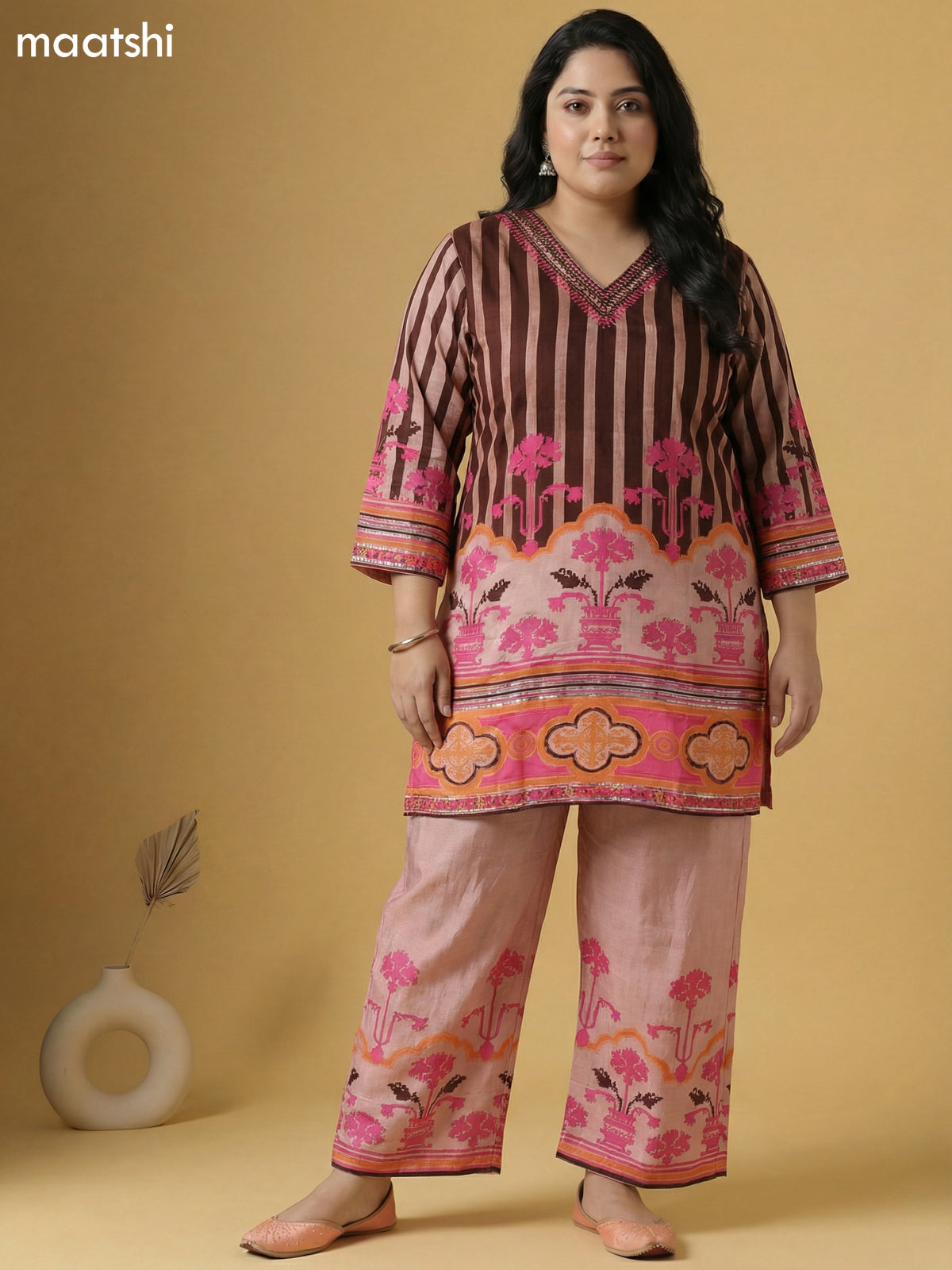 Pastel Brown and Brown Muslin Printed & Embroidery Work Kurti Set