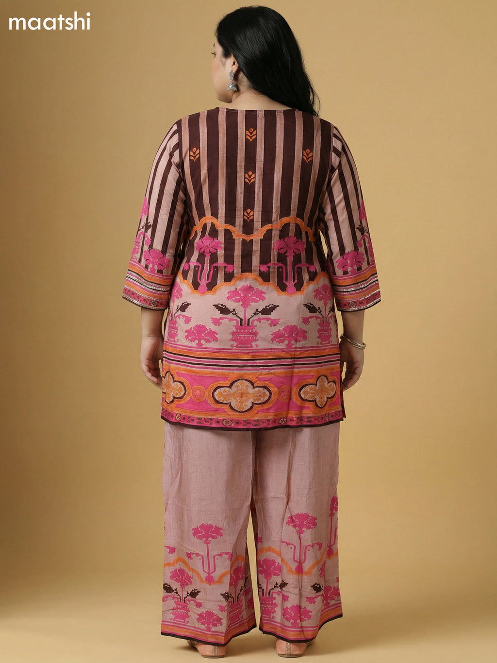 Pastel Brown and Brown Muslin Printed & Embroidery Work Kurti Set