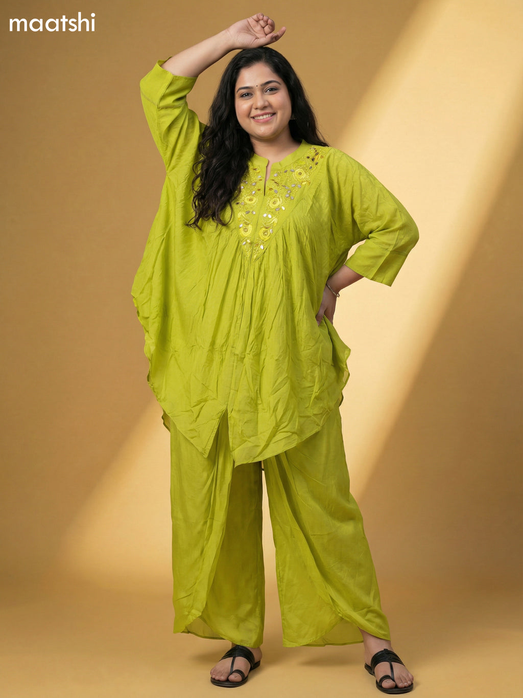Lime Green Crepe Silk Printed Kaftan Dress
