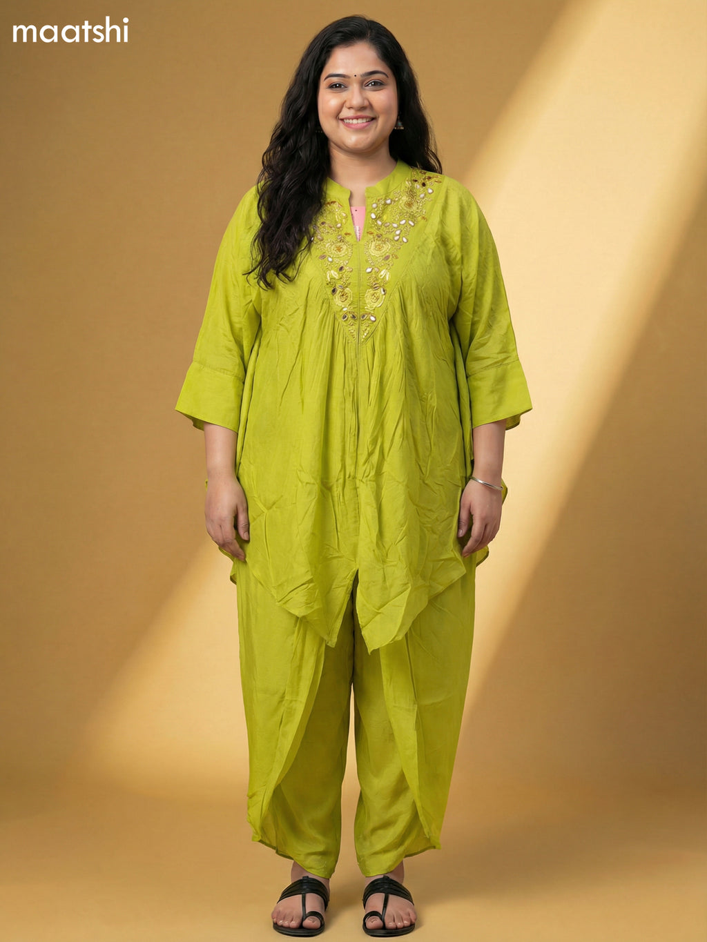 Lime Green Crepe Silk Printed Kaftan Dress