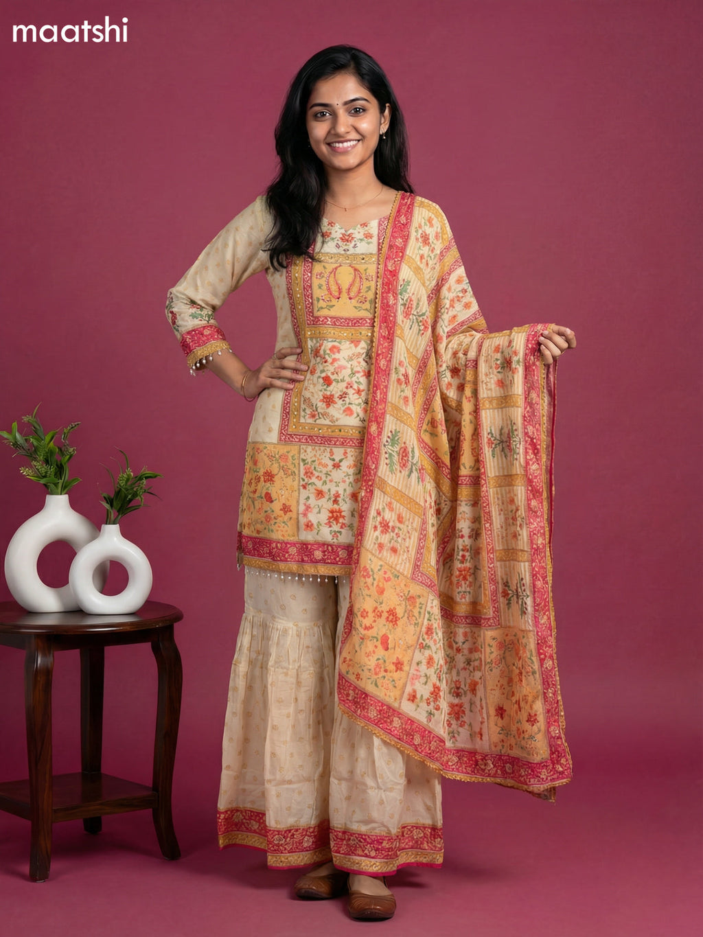 Cream and Pink Crepe Silk Floral Printed Short Straight Suit