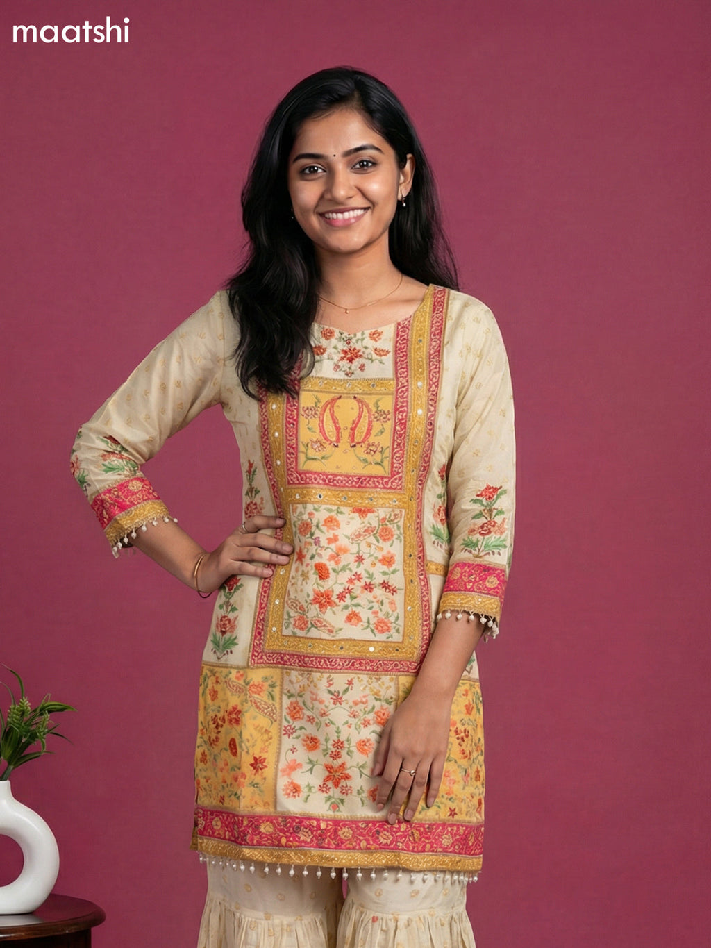 Cream and Pink Crepe Silk Floral Printed Short Straight Suit