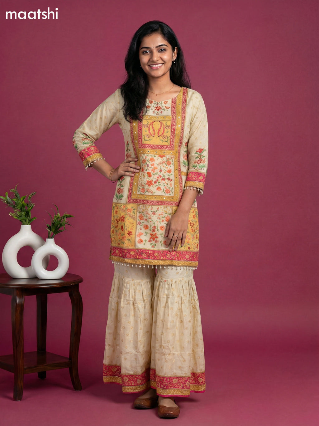 Cream and Pink Crepe Silk Floral Printed Short Straight Suit