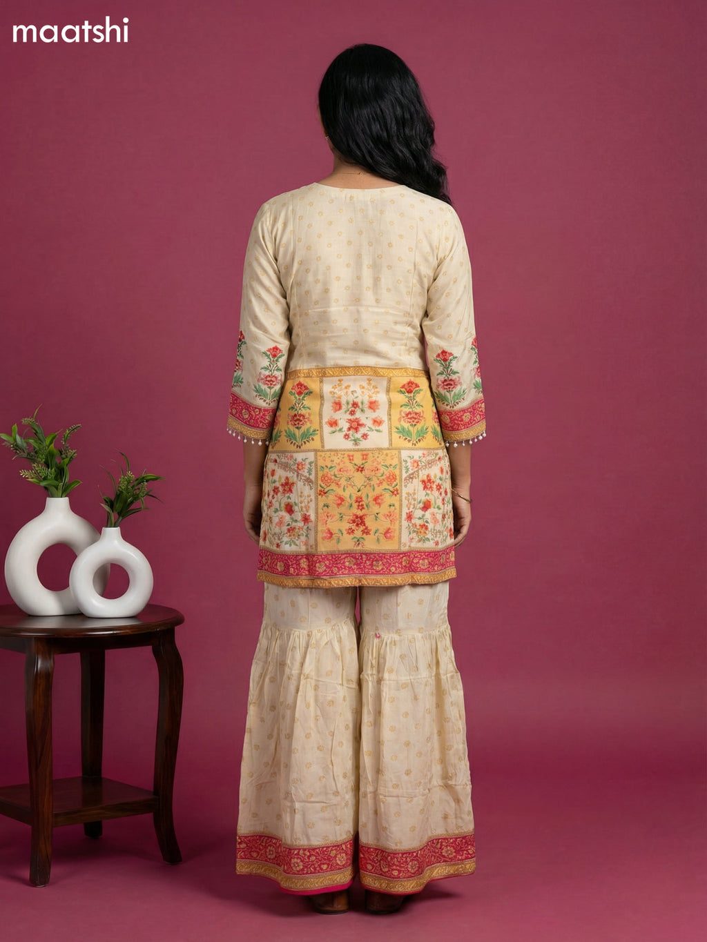 Cream and Pink Crepe Silk Floral Printed Short Straight Suit
