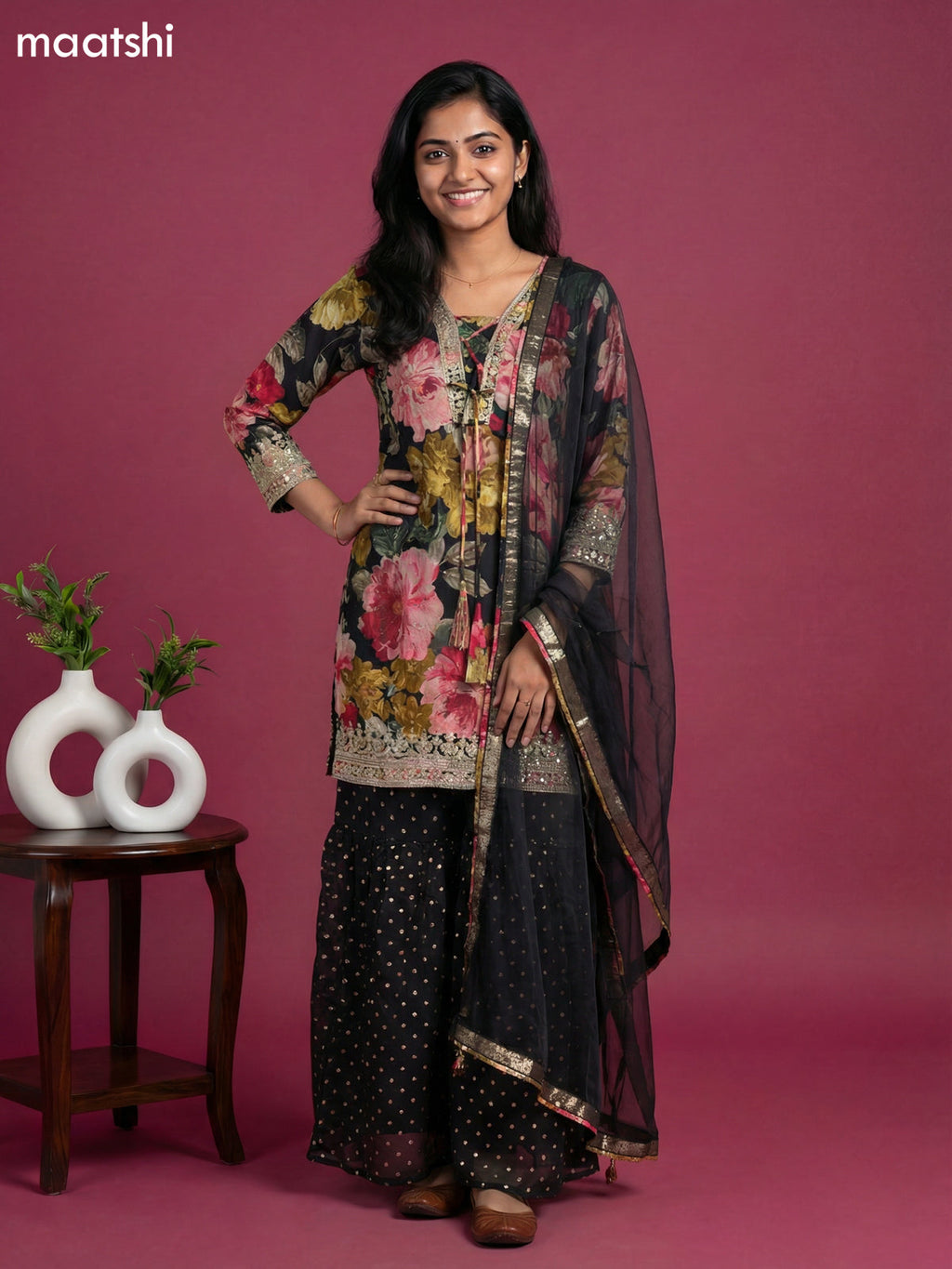 Black Crepe Silk Floral Printed Short Straight Suit