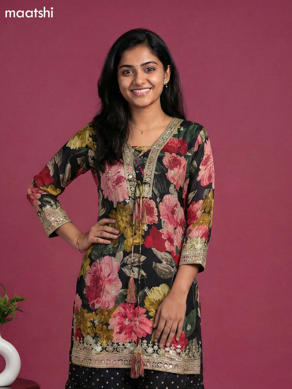 Black Crepe Silk Floral Printed Short Straight Suit