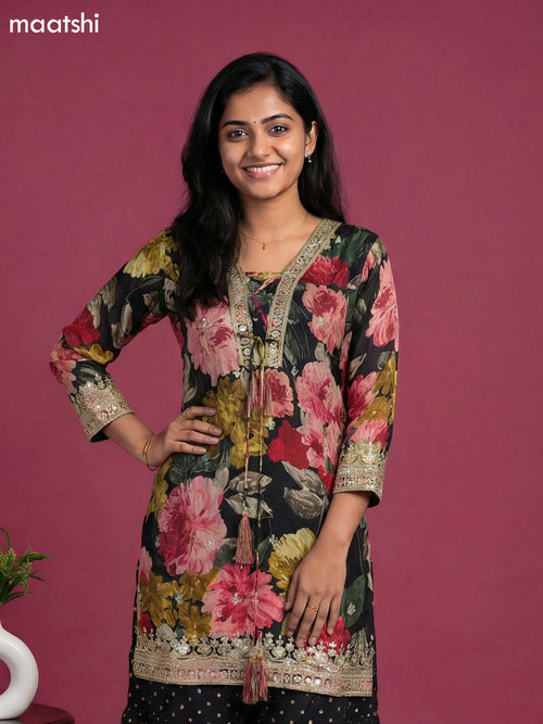 Black Crepe Silk Floral Printed Short Straight Suit