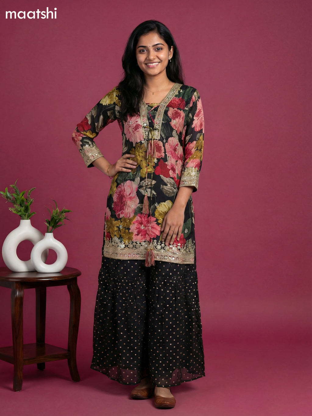 Black Crepe Silk Floral Printed Short Straight Suit