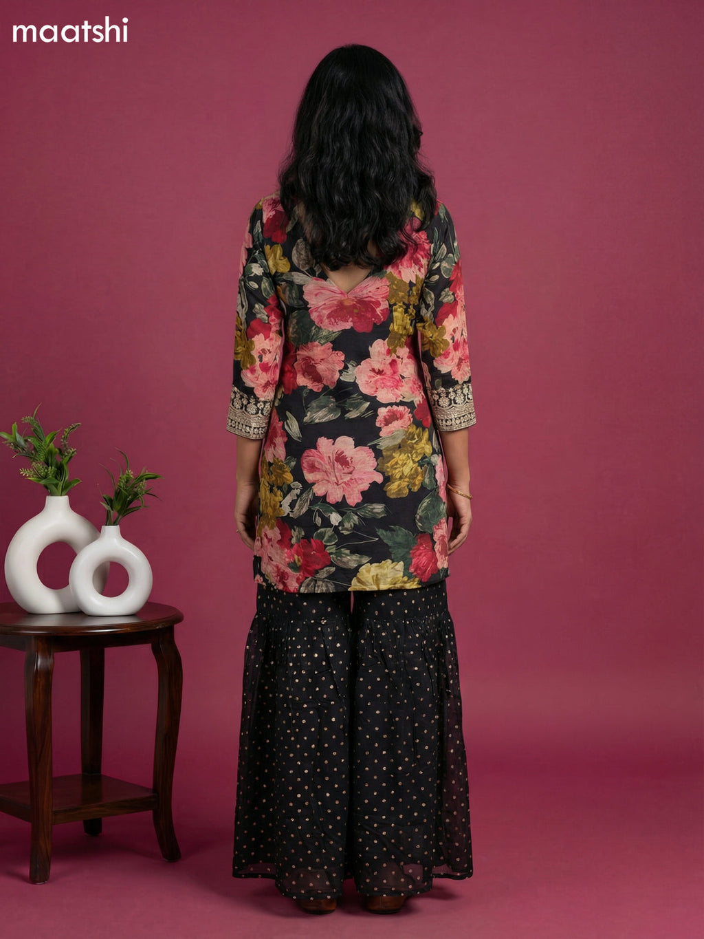Black Crepe Silk Floral Printed Short Straight Suit