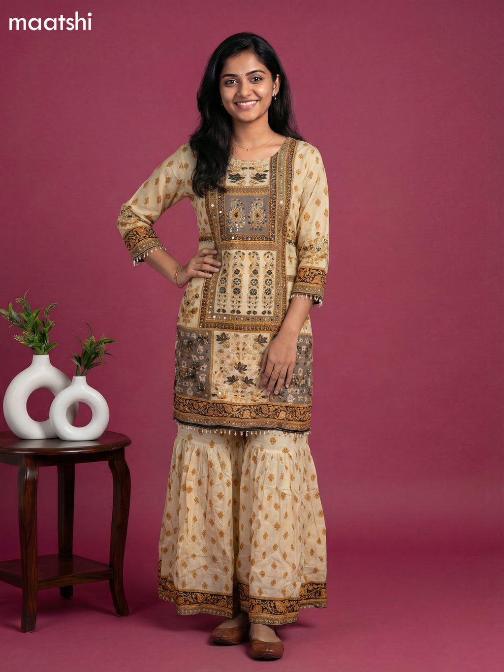 Cream and Black Crepe Silk Floral Printed Short Straight Suit