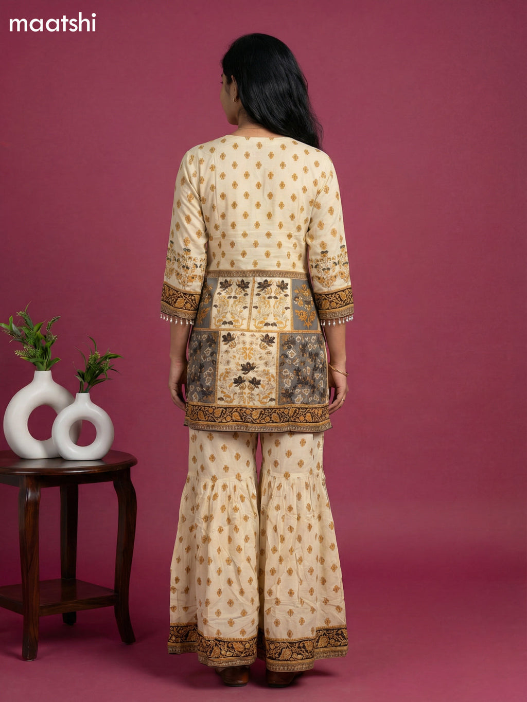 Cream and Black Crepe Silk Floral Printed Short Straight Suit