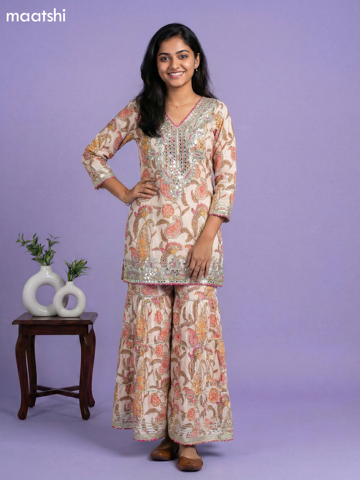 Cream Muslin Printed Short Straight Suit
