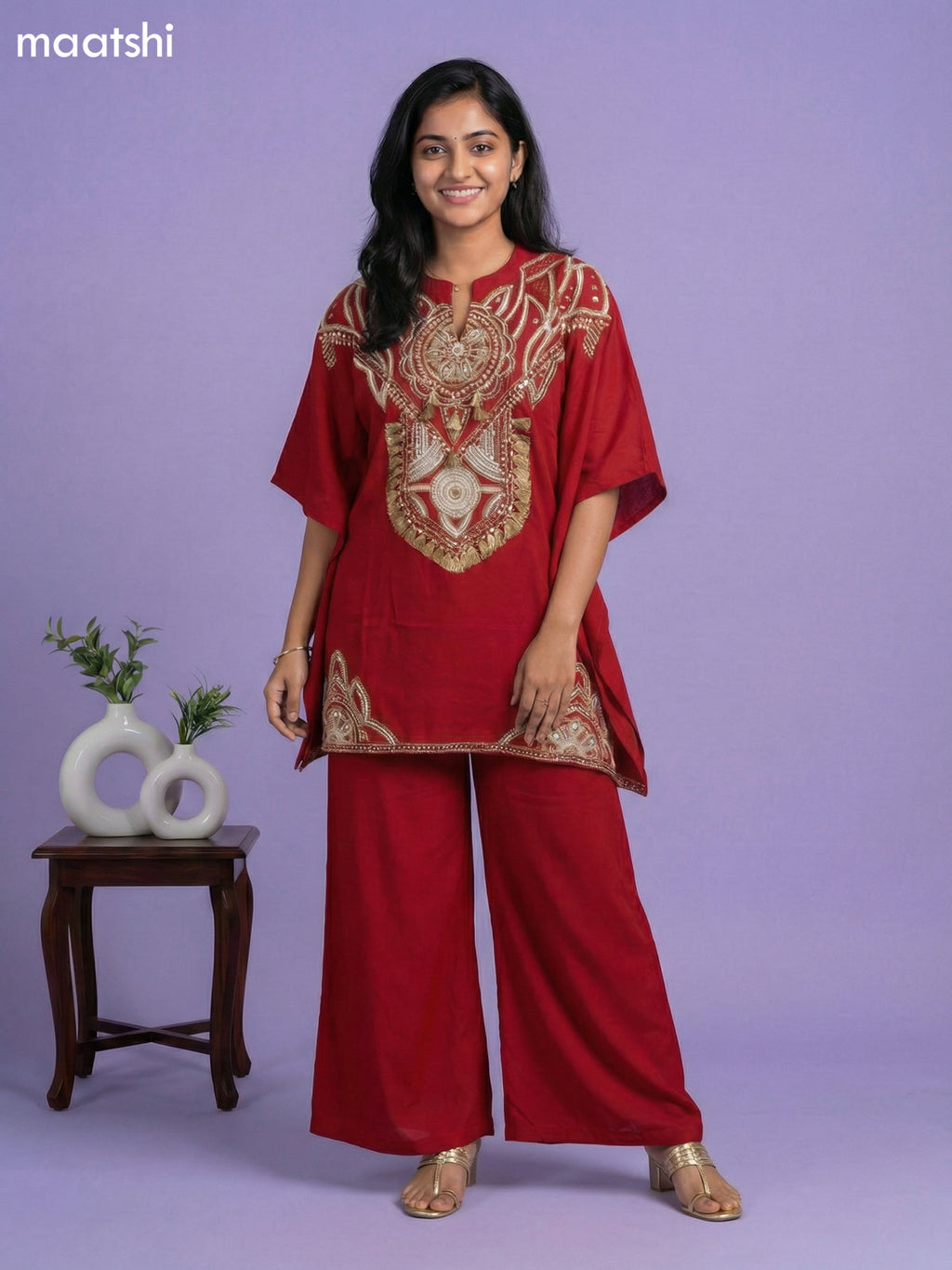 Kumkum Red Cotton Embroidery Work Kaftan Dress